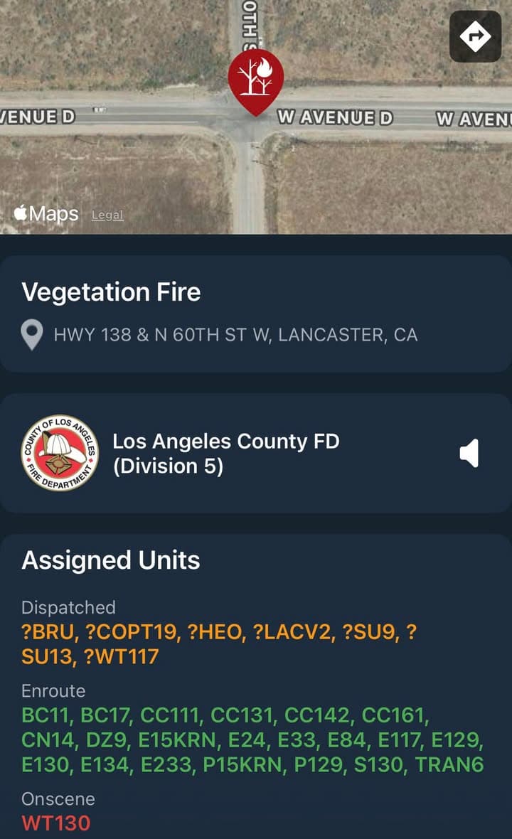 904B…60th Street West and Avenue D…reported vegetation fire…CHP and FD enroute code...
