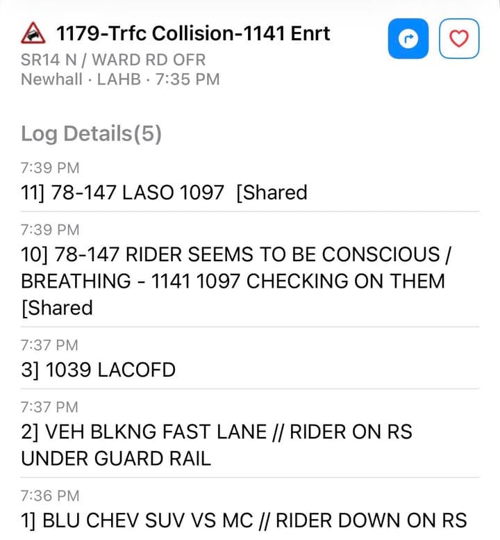 11-79…NB14 at Ward Rd…vehicle vs motorcycle…blue Chevy SUV vs motorcycle…rider down on...