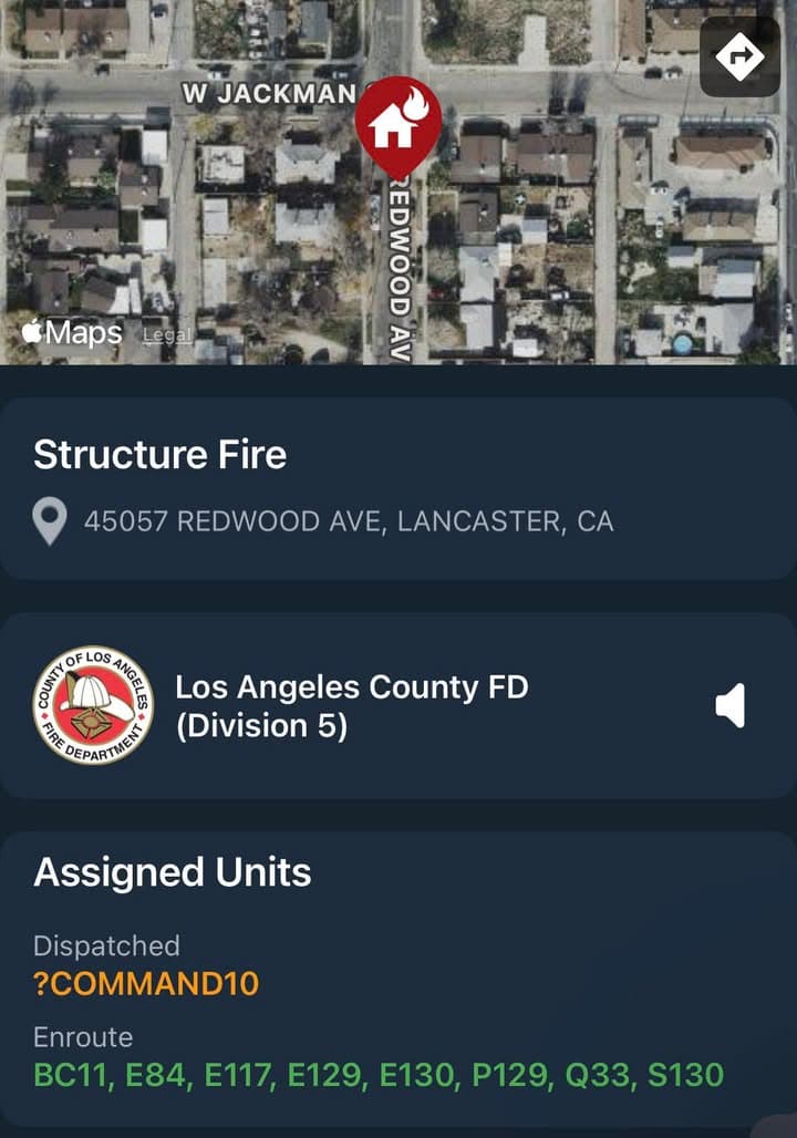 904A…45057 Redwood Avenue…reported structure fire…Sheriff and FD enroute code 3 UPDATE: BC11...