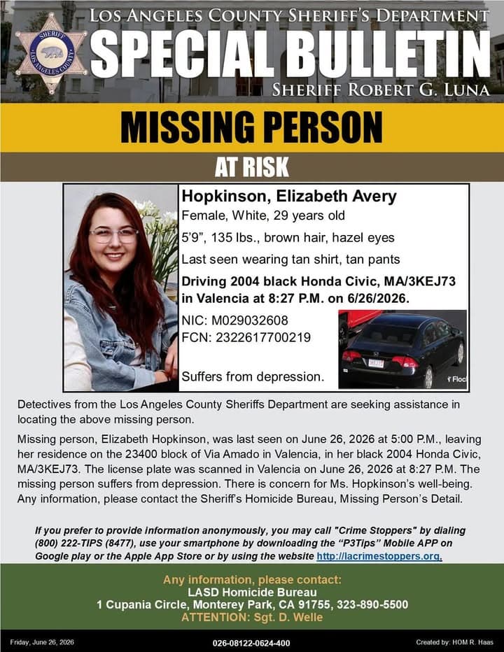 Advisory: Public's Help Requested Locating At-Risk Missing Person, Elizabeth Hopkinson #Valencia Detectives...