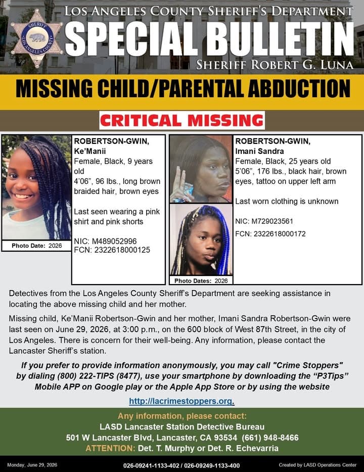 #LASD is Asking for the Public's Help Locating Critical Missing Juvenile/Parental Abduction...