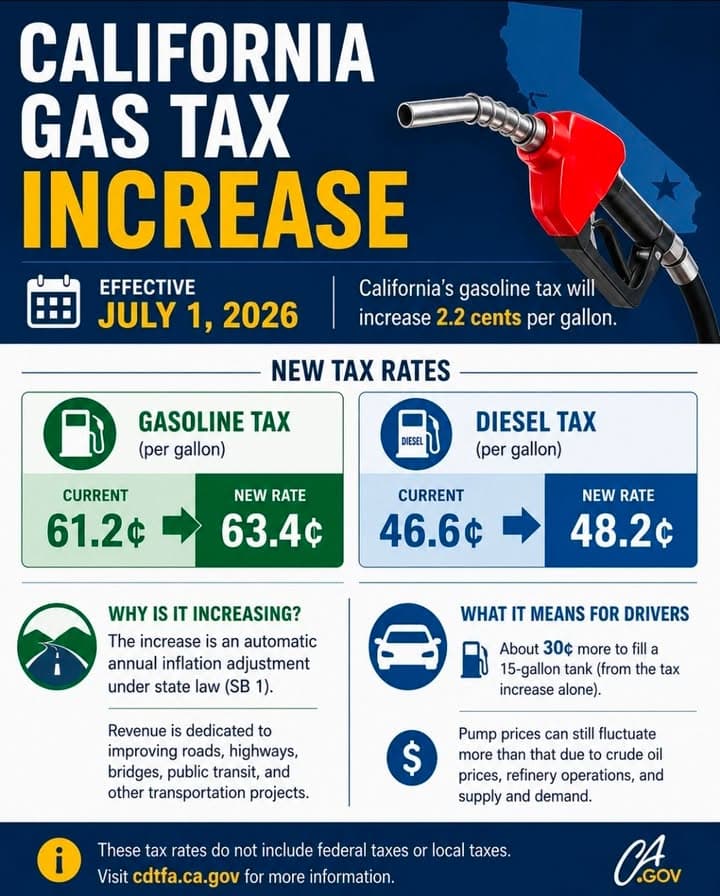 California's gasoline tax will increase 2.2 cents per gallon on July 1,...