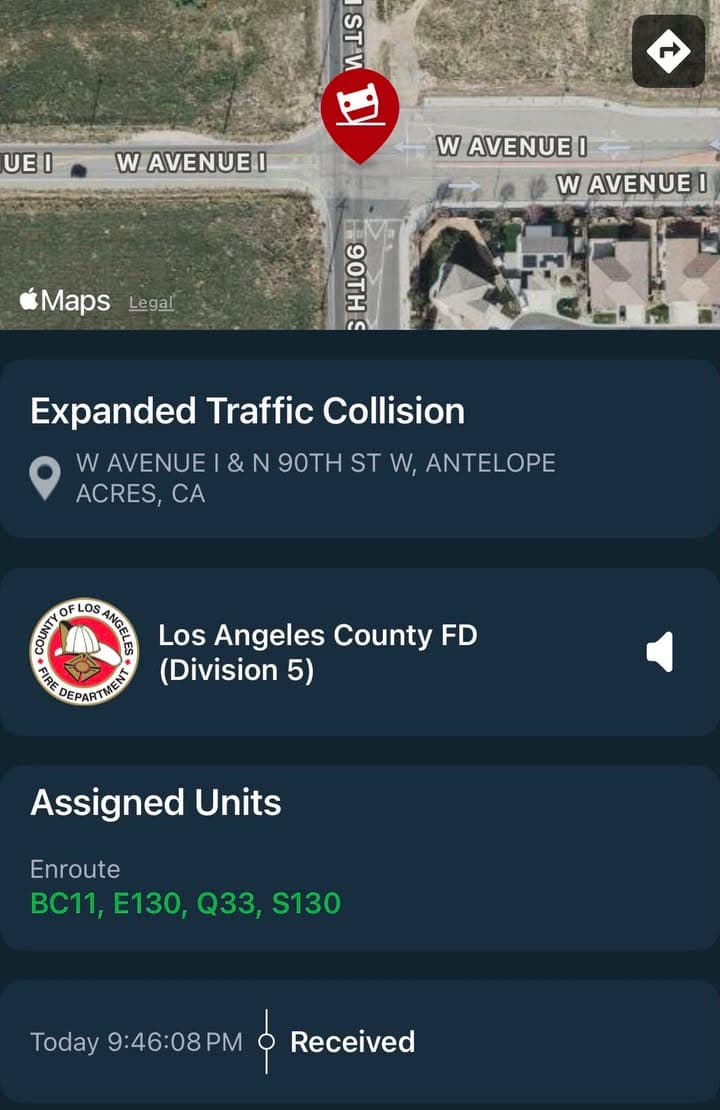 902T/902R…90th Street West and Avenue I…reported traffic collision with entrapment…Sheriff and FD...