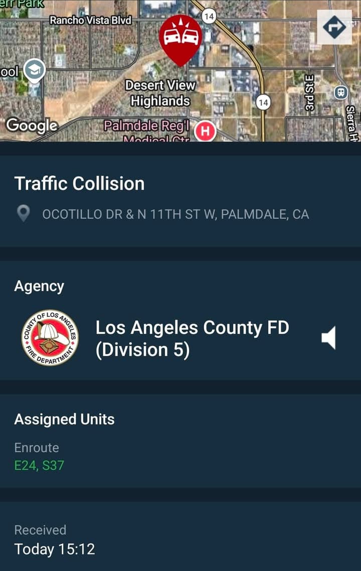 902T/902R/914C....11th Street West and Ocotillo Drive.....vehicle vs motorcycle....sheriff, CHP and FD enroute...