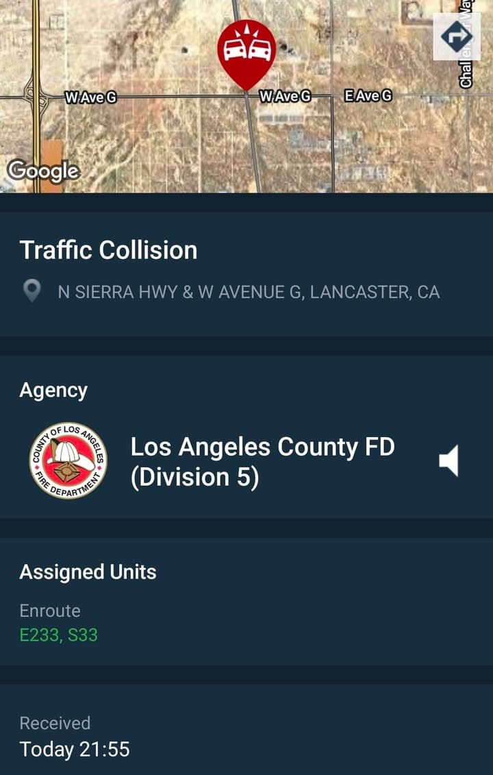 902T/902R....Sierra Highway and Avenue G....Tesla vs motorcycle, rider requesting medical....sheriff and FD...