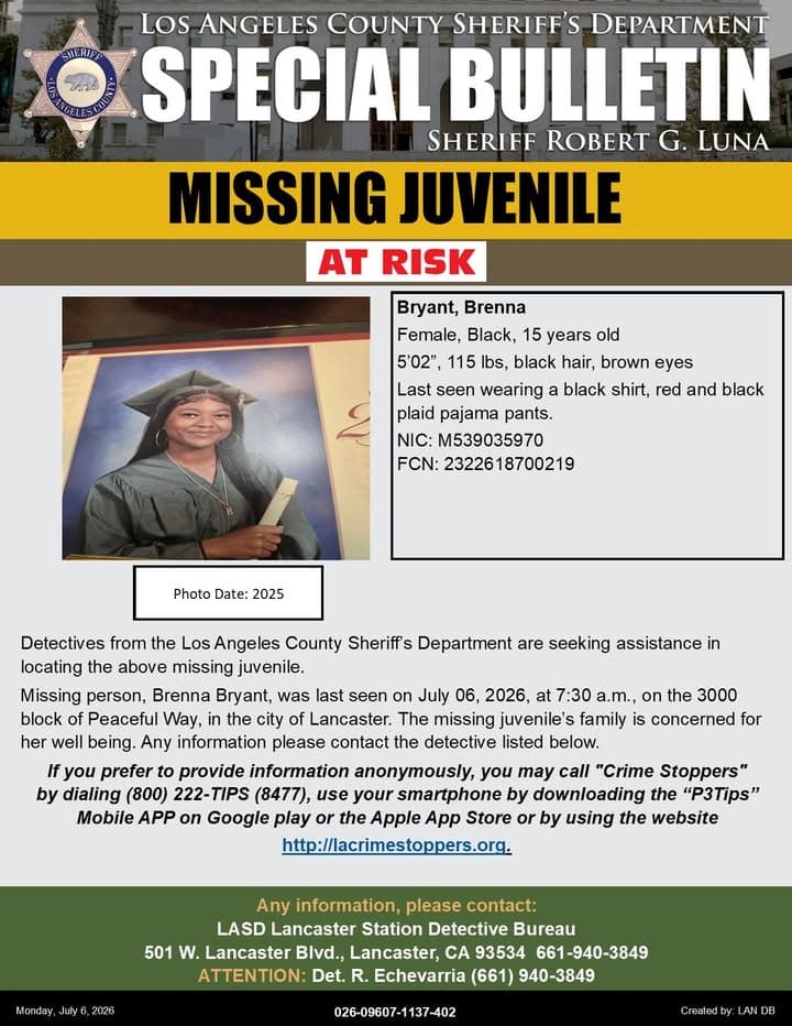 LASD is Asking for the Public's Help Locating At-Risk Missing Juvenile, Brenna...