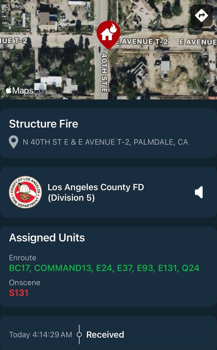 904B…40th Street East and Avenue T2…reported structure fire…Sheriff and FD enroute code...