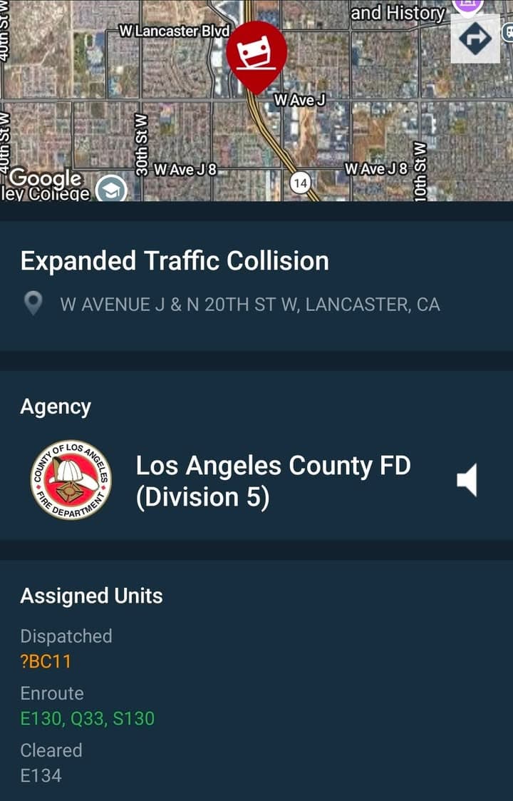 902T/902R....Avenue J under 14 Fwy....three vehicle collision, possible entrapment....sheriff and FD enroute...