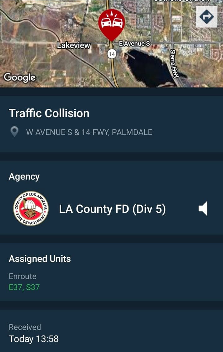 Deputy has visual of solo vehicle collision on Avenue S and 14...