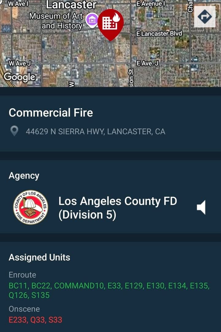 904S....44629 Sierra Highway....commercial building fire....sheriff and FD enroute code 3 UPDATE: Engine...