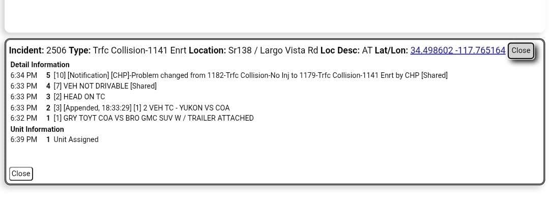 11-79....Highway 138 and Largo Vista Road....two vehicle head on collision....sheriff, CHP, and...