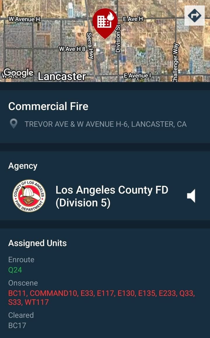 904S....Trevor Avenue and Avenue H-6....commercial fire reported....sheriff and FD enroute code 3...