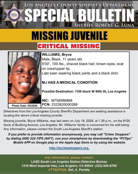 #LASD is Asking for the Public's Help Locating Critical Missing Juvenile, Bryce...