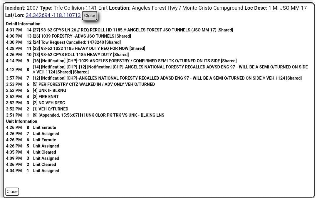 11-79....Angeles Forest at Monte Cristo Campground....semi truck overturned.....CHP and FD enroute code...
