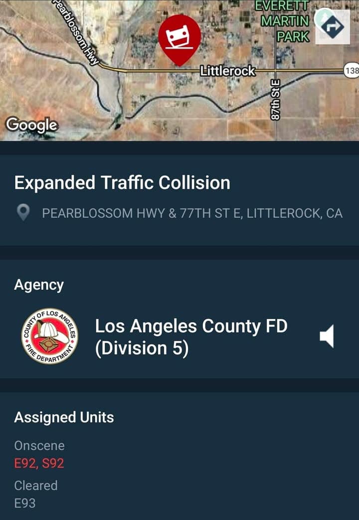 11-79....Pearblossom Highway and 77th Street East....Toyota Camry vs Chevy truck....CHP and FD...