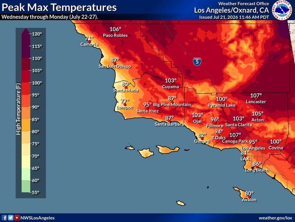 Here are the maximum temperatures expected during the period between Wednesday (7/22)...