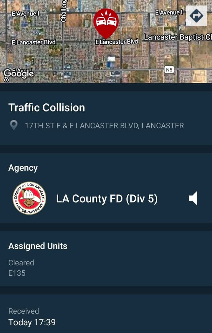 902T/902R....17th Street East and Lancaster Blvd....two vehicle collision....sheriff and FD enroute code...