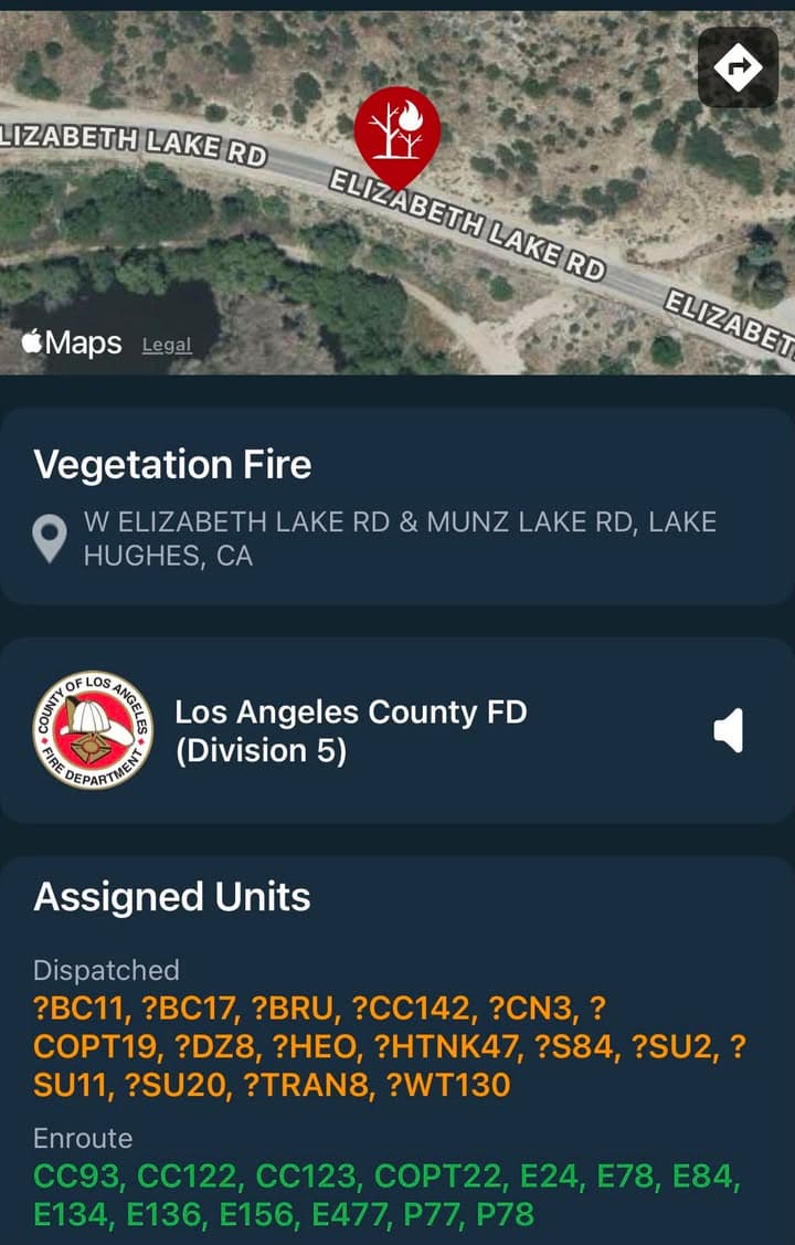 904B…Elizabeth Lake Rd and Munz Lake Rd…reported vegetation fire…Sheriff and FD enroute...