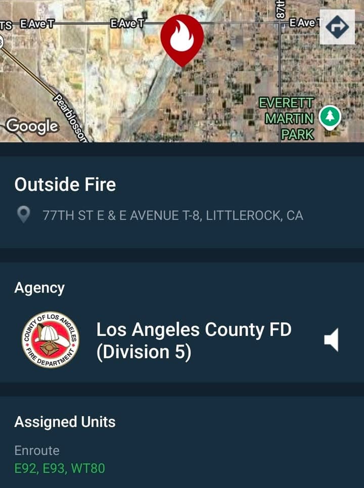 904B....77th Street East and Avenue T-8....fire in wash....sheriff and FD enroute code...