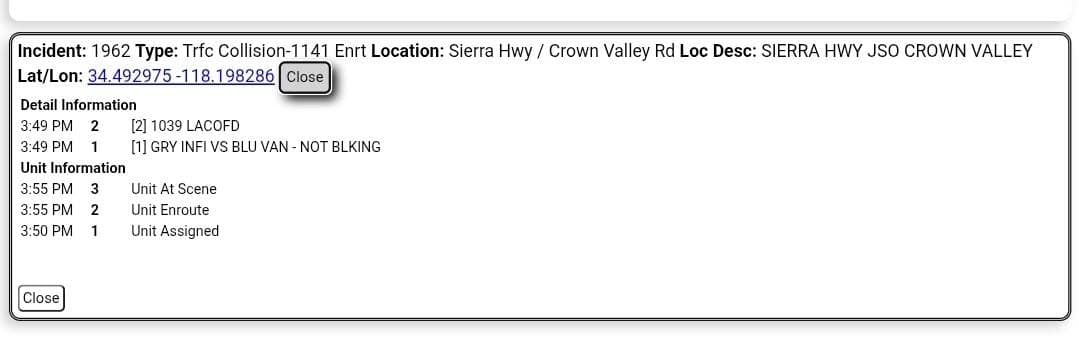 11-79....Sierra Highway and Crown Valley....two vehicle collision, gray Infiniti vs blue van....CHP...