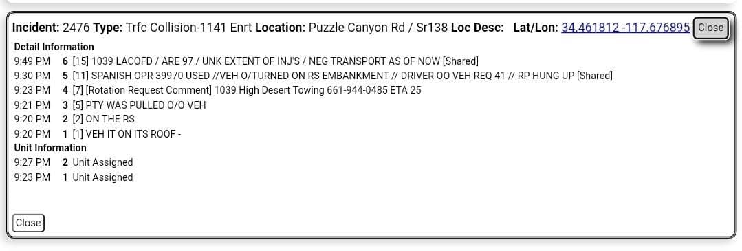 11-79....Puzzle Canyon and Highway 138....solo vehicle overturned on its roof....CHP and FD...