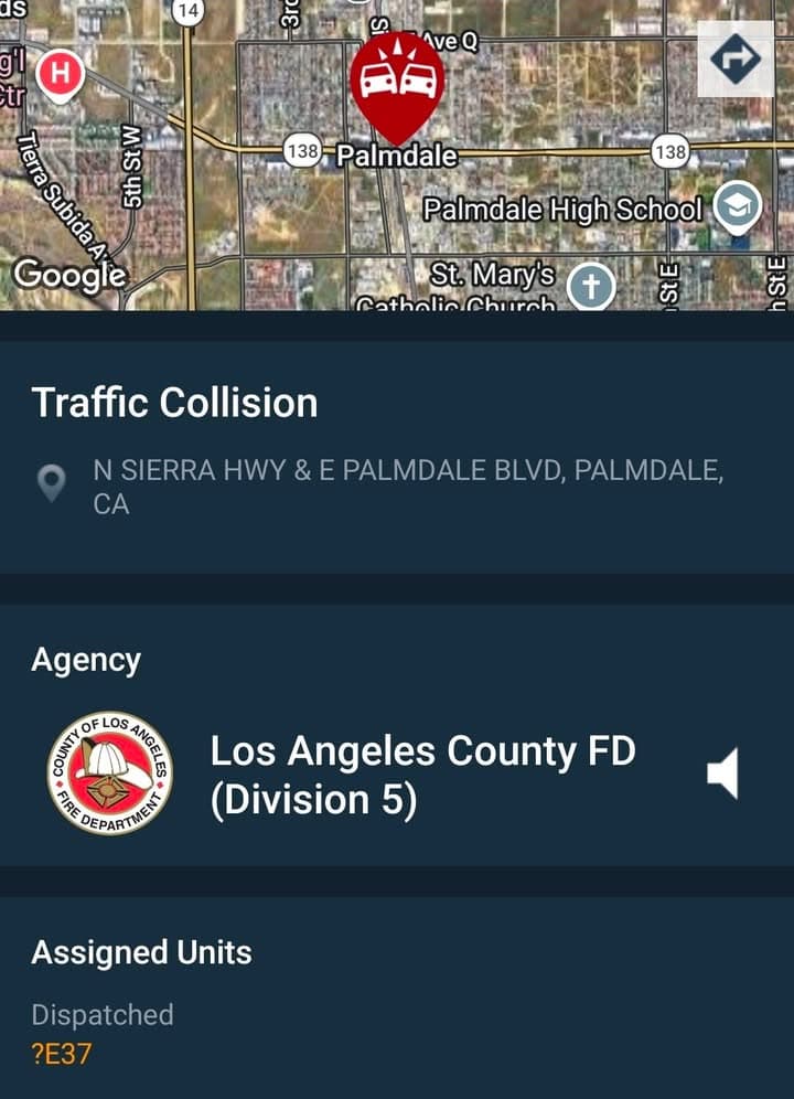902T/902R....Sierra Highway and Avenue Q....solo vehicle vs pole....one deputy on scene requesting...