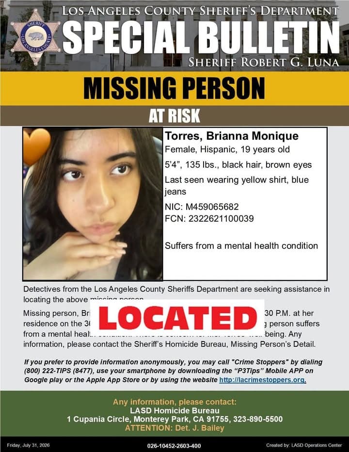 Los Angeles County Sheriff's Department Missing Person's Unit is advising Brianna Monique...