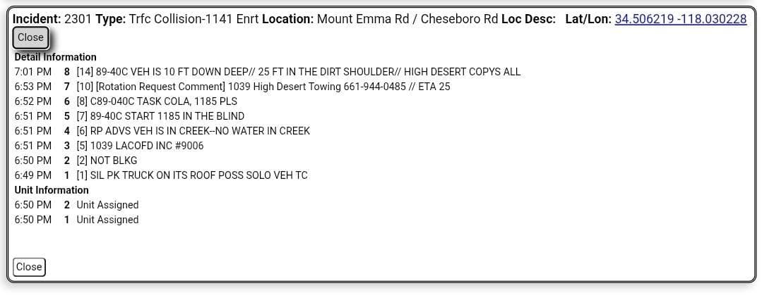11-79....Mt Emma and Cheseboro Road....silver pickup truck on it's roof in creek....CHP...