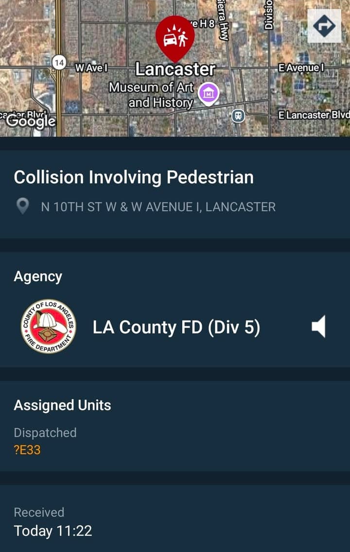 902T/902R....Avenue I and 10th Street West....black Nissan Versa vs pedestrian....sheriff and FD...
