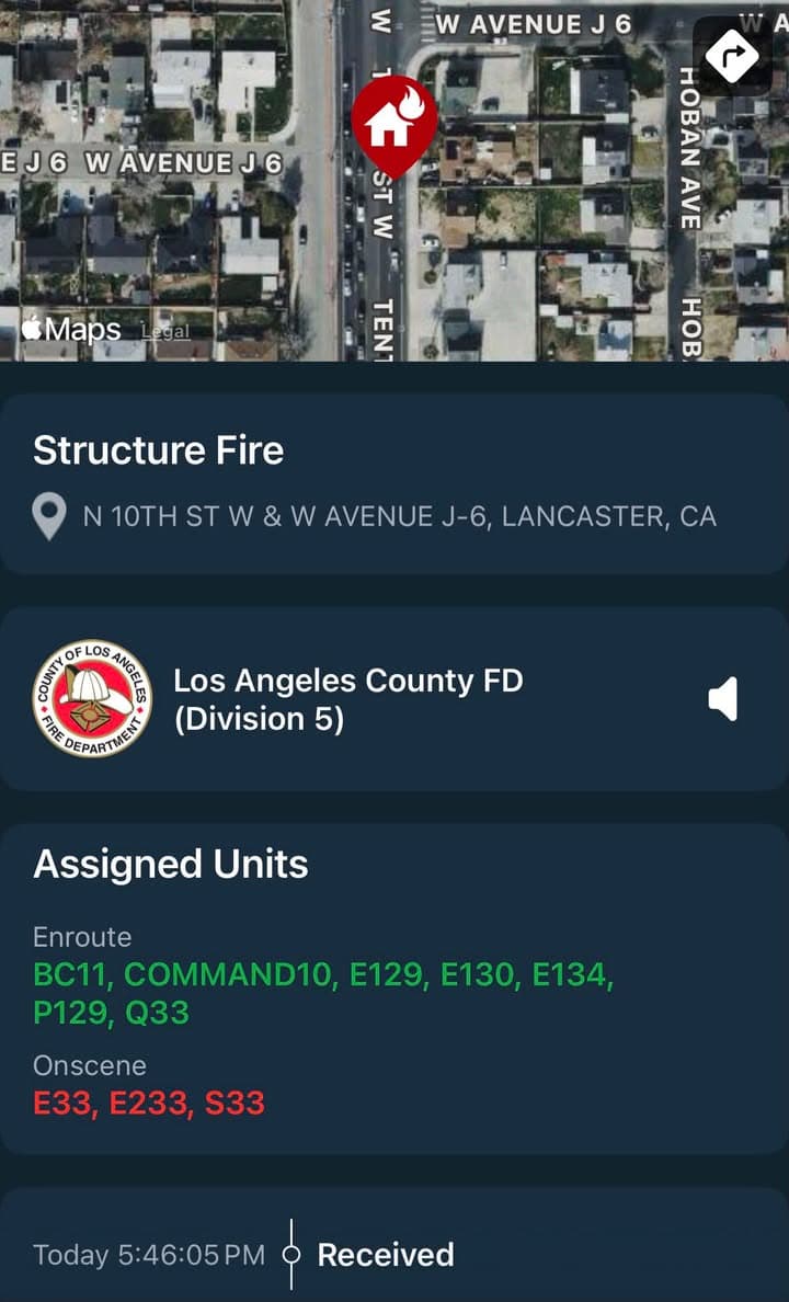 904S…10th Street West and Avenue J6…reported structure fire…Sheriff and FD enroute code...