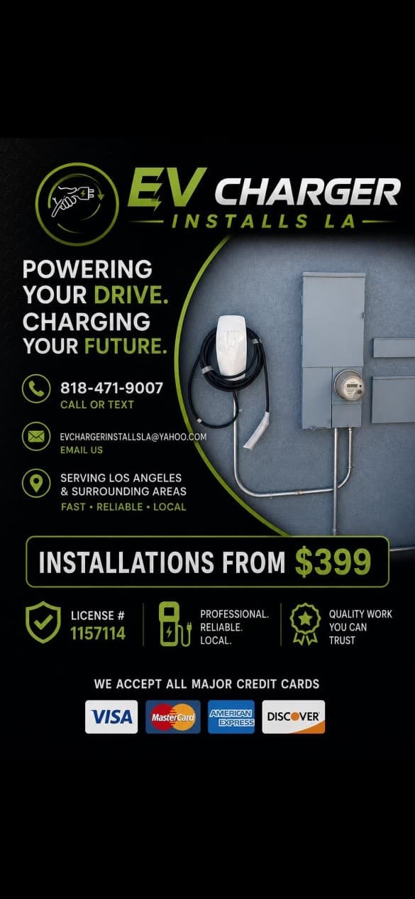 EV charger installs starting at $399 Call 818-471-9007 to schedule your appointment!...