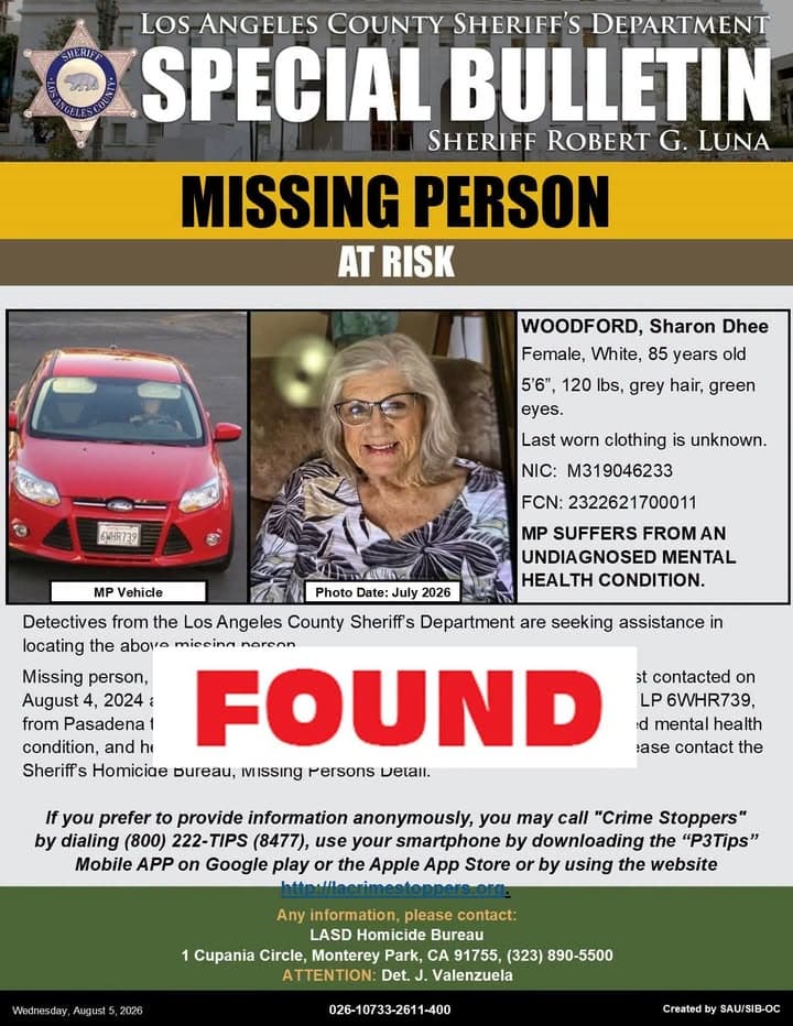 Los Angeles County Sheriff's Department Missing Person's Unit is advising Sharon Dhee...