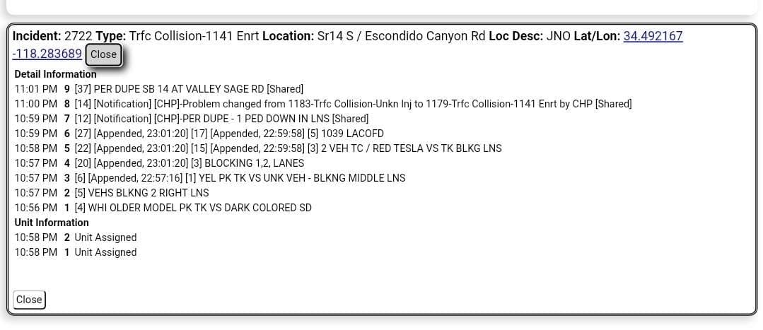 11-79....Southbound 14 between Ward Road and Escondido Canyon....red Tesla vs older white...
