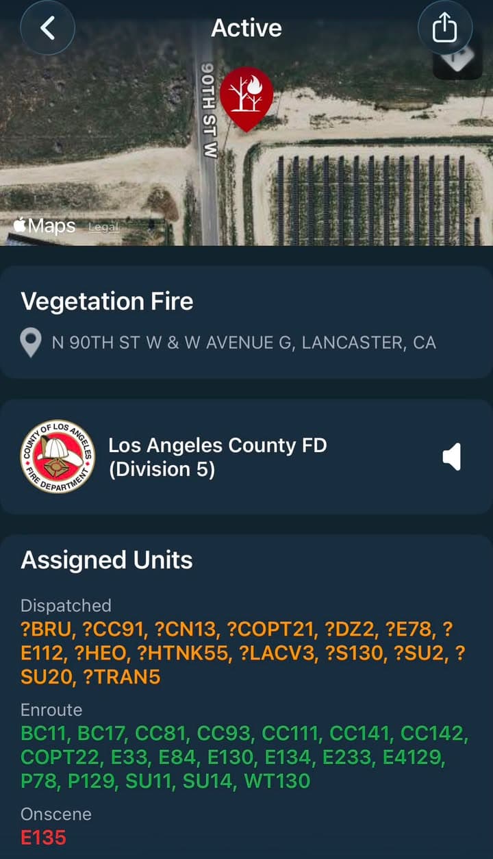 904B…90th Street West and Avenue G…vegetation fire…Sheriff and FD enroute code 3...