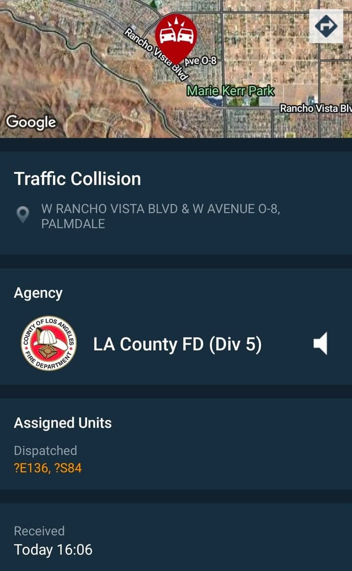 902T/902R....Rancho Vista Blvd and Avenue O-8....two vehicle collision, unknown if injuries.....sheriff and...