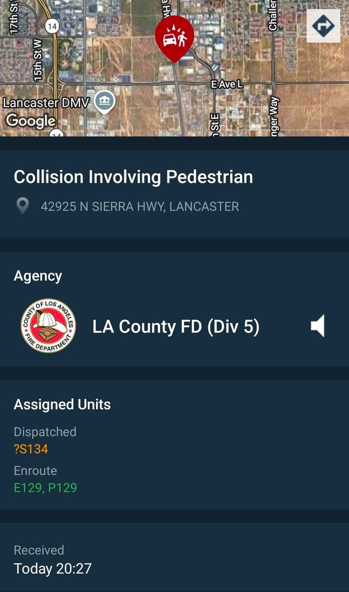 902T/902R....Avenue L and Sierra Highway....Metrolink train vs pedestrian....sheriff and FD enroute code...