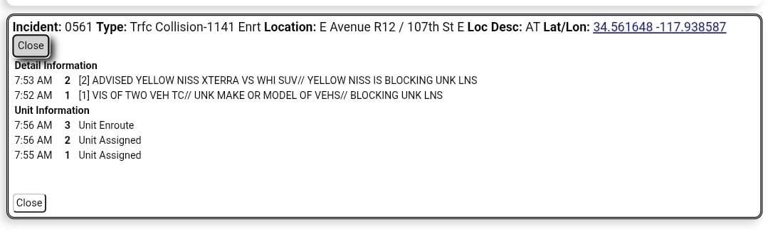 11-79....Avenue R-12 and 107th Street East....two vehicle collision.....CHP, FD, and sheriff enroute...