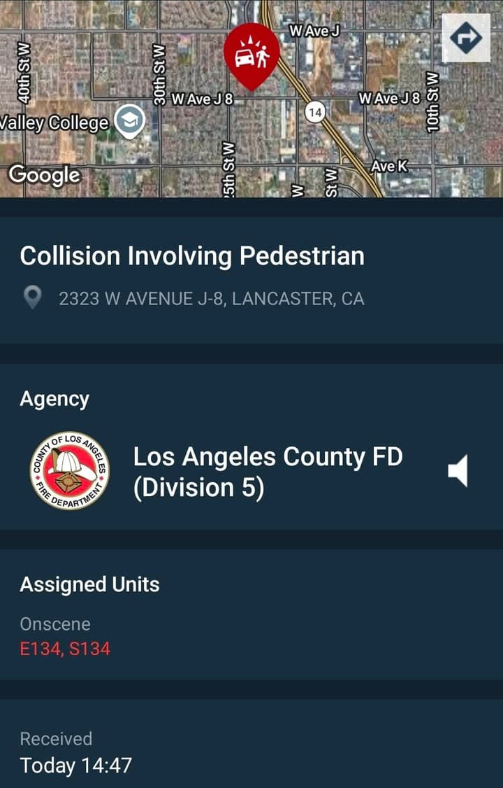 480.....2323 West Avenue J-8.....vehicle vs pedestrian, vehicle fled scene....sheriff and FD enroute...