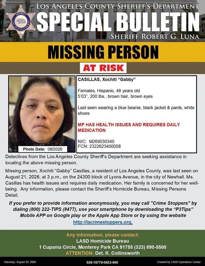 Los Angeles County Sheriff’s Department Missing Persons Detail investigators are asking for...