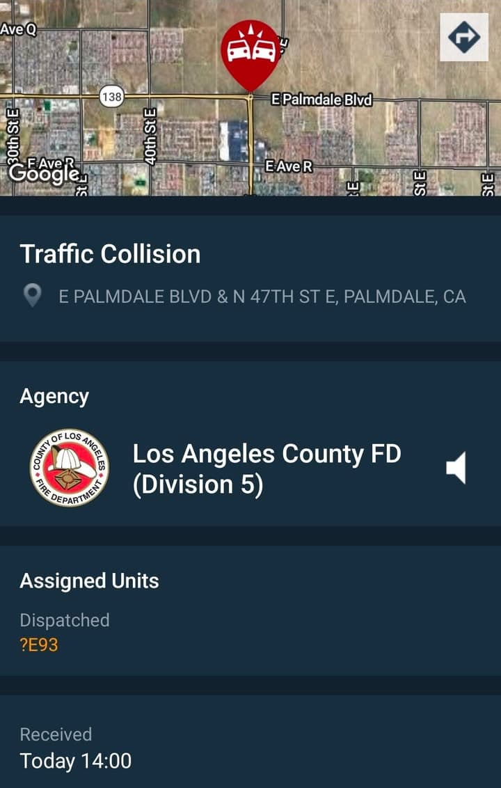 902T/902R....Palmdale Blvd and 47th Street East....three vehicle collision....sheriff and FD enroute code...