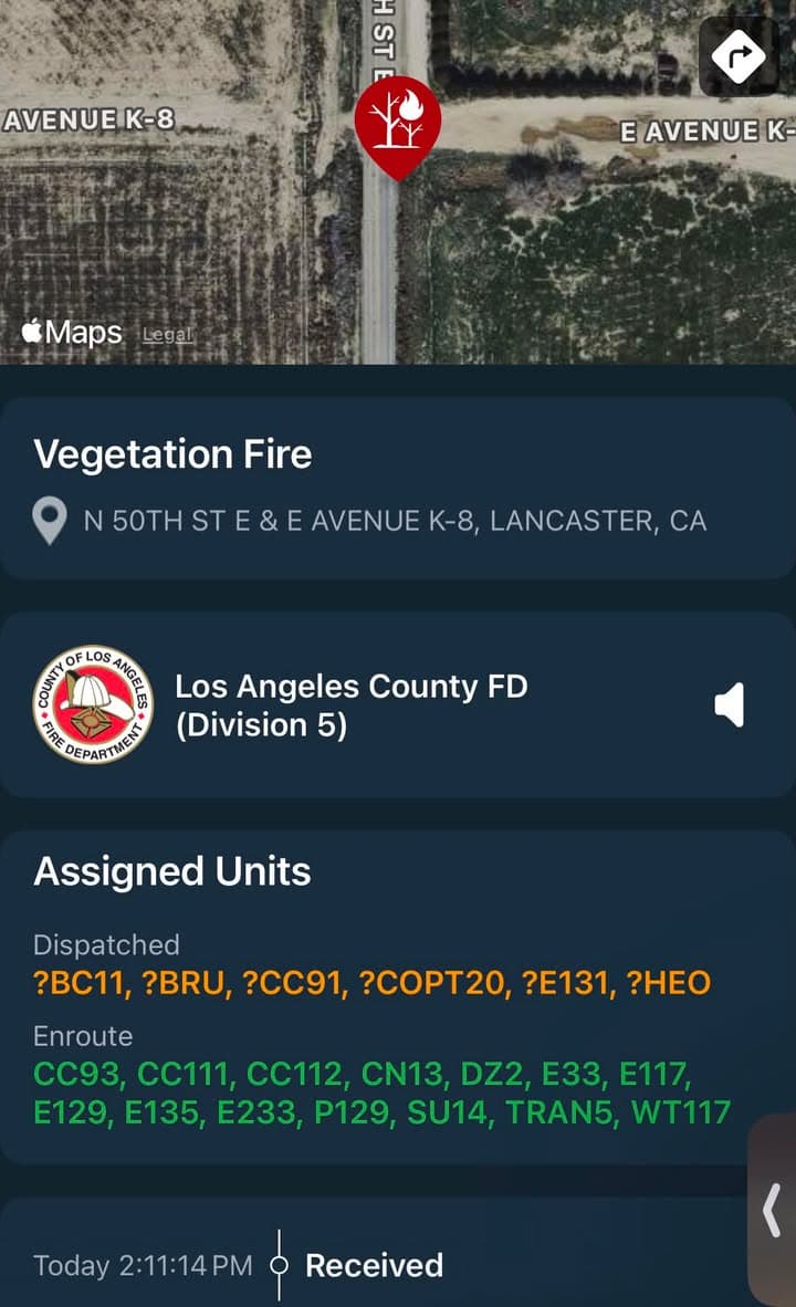 904B…50th Street East and Avenue K8…reported vegetation fire…Sheriff and FD enroute code...