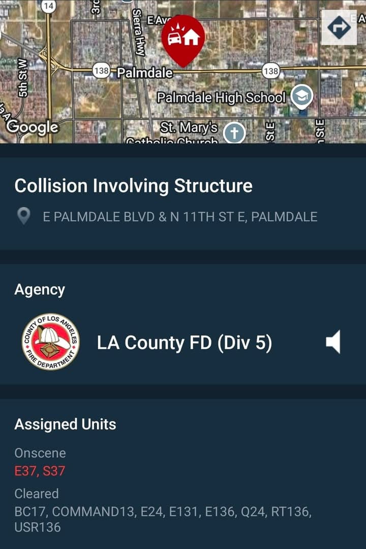 902T/902R....11th Street East and Palmdale Boulevard....vehicle vs building, three people ran from...