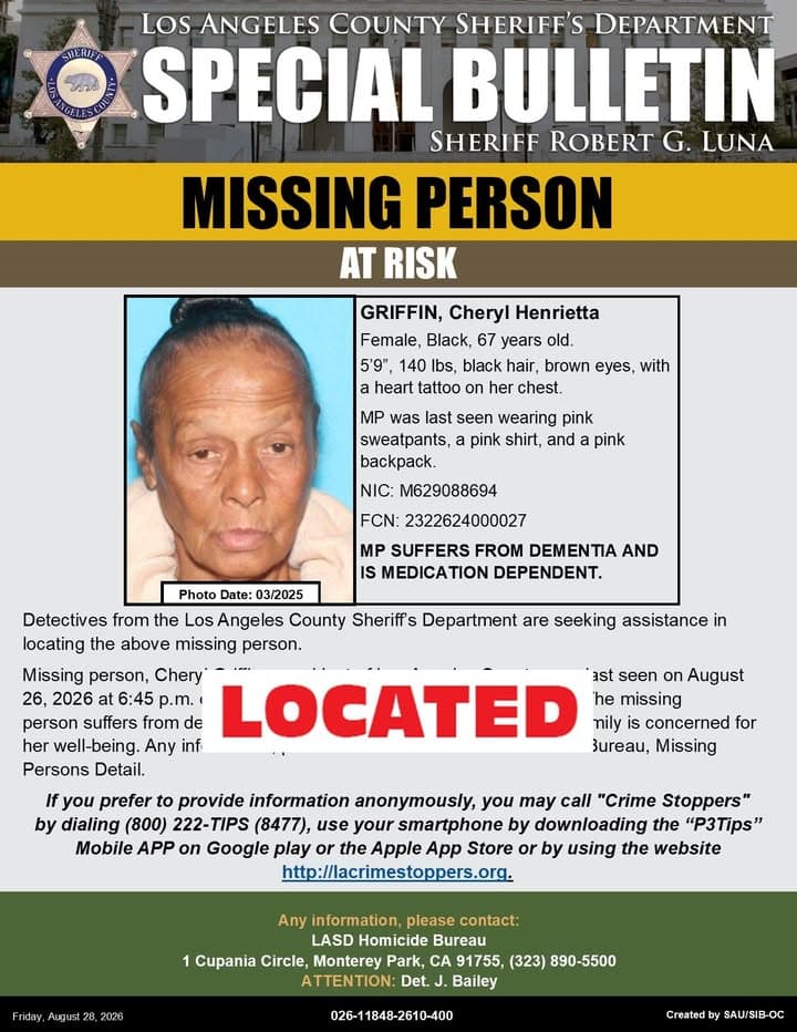 Los Angeles County Sheriff's Department Missing Persons Unit is advising Cheryl Henrietta...