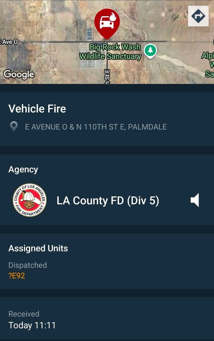 904A....110th Street East and Avenue O....reported vehicle fire....sheriff and FD enroute code...