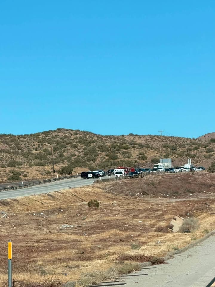 11-79....Southbound 14 just north of Crown Valley.....black Tesla vs guardrail....CHP and FD...