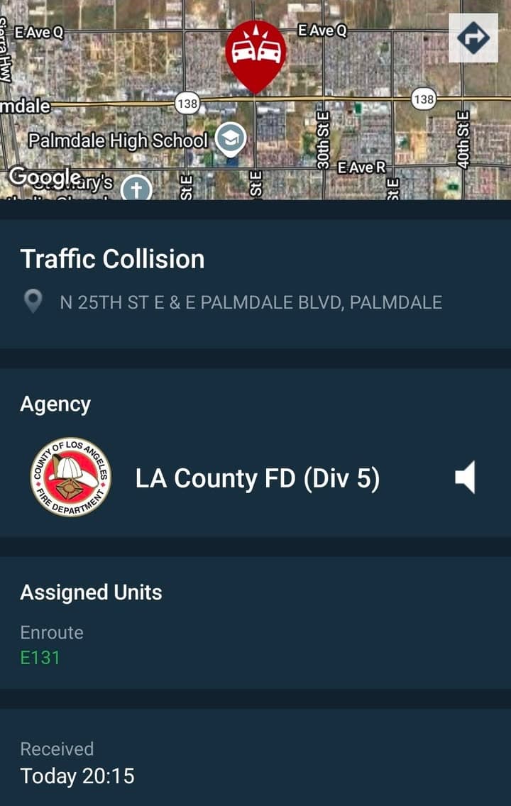 902T/902R....25th Street East and Palmdale Boulevard....pickup truck vs sedan, unknown if injuries....sheriff...