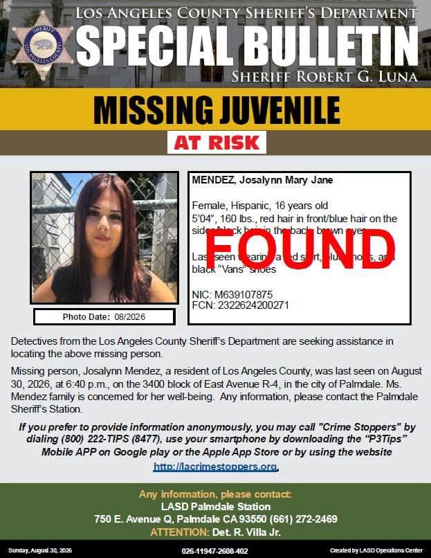 ** UPDATE: RETURNED HOME ** Detectives from Los Angeles County Sheriff’s Department...