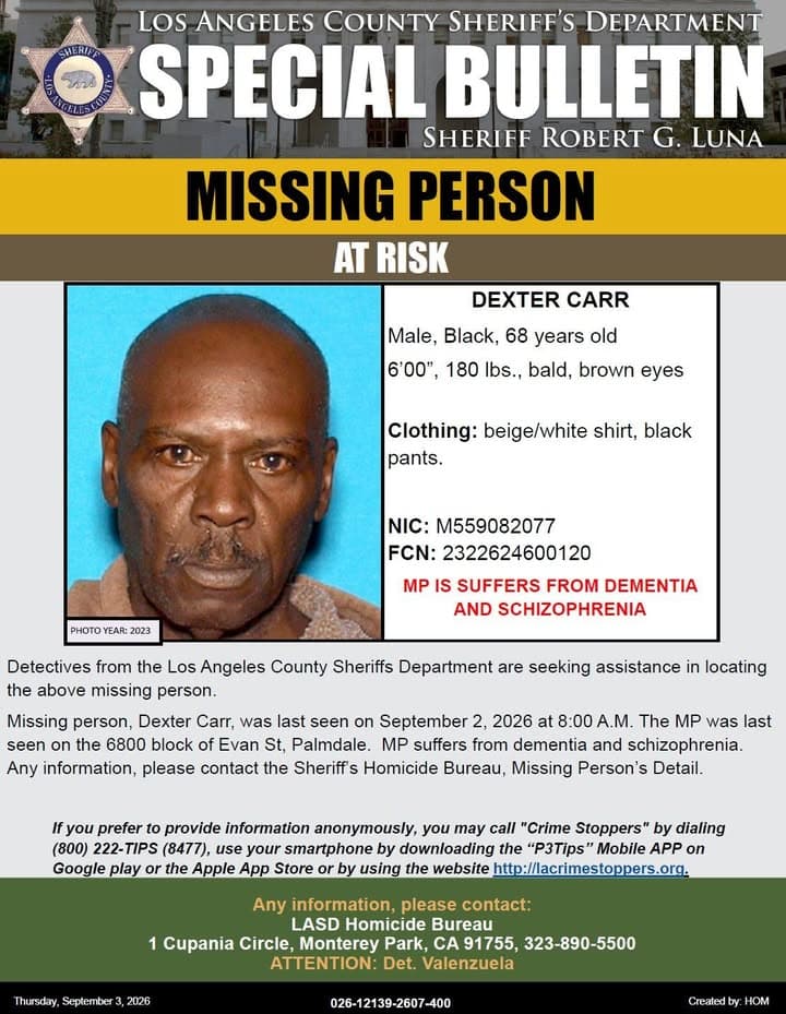 #LASD is Asking for the Public’s Help Locating At-Risk Missing Person, Dexter...