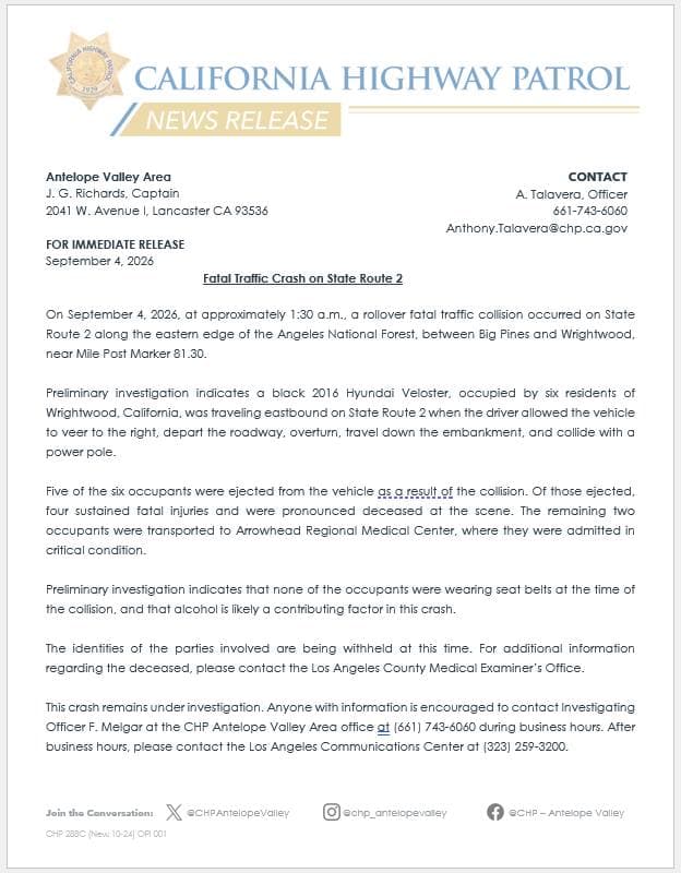 Fatal Traffic Crash on State Route 2 FOR IMMEDIATE RELEASE September 4,...