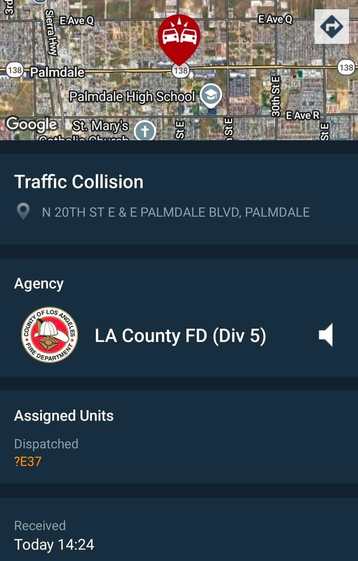 902T/902R....20th Street East and Palmdale Boulevard....two vehicle collision....sheriff and FD enroute code...